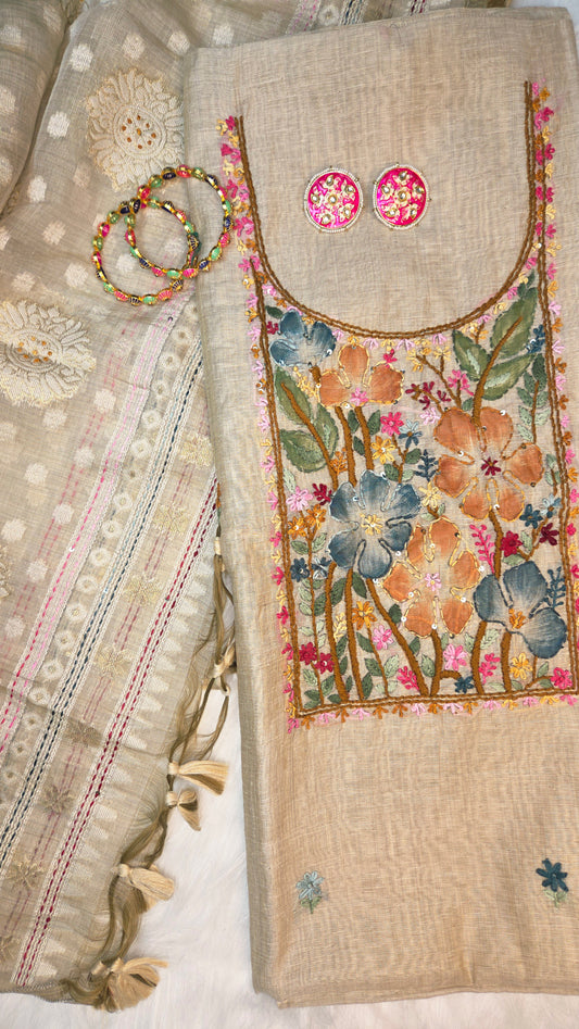Beige Knot Chanderi Unstitched Suit
