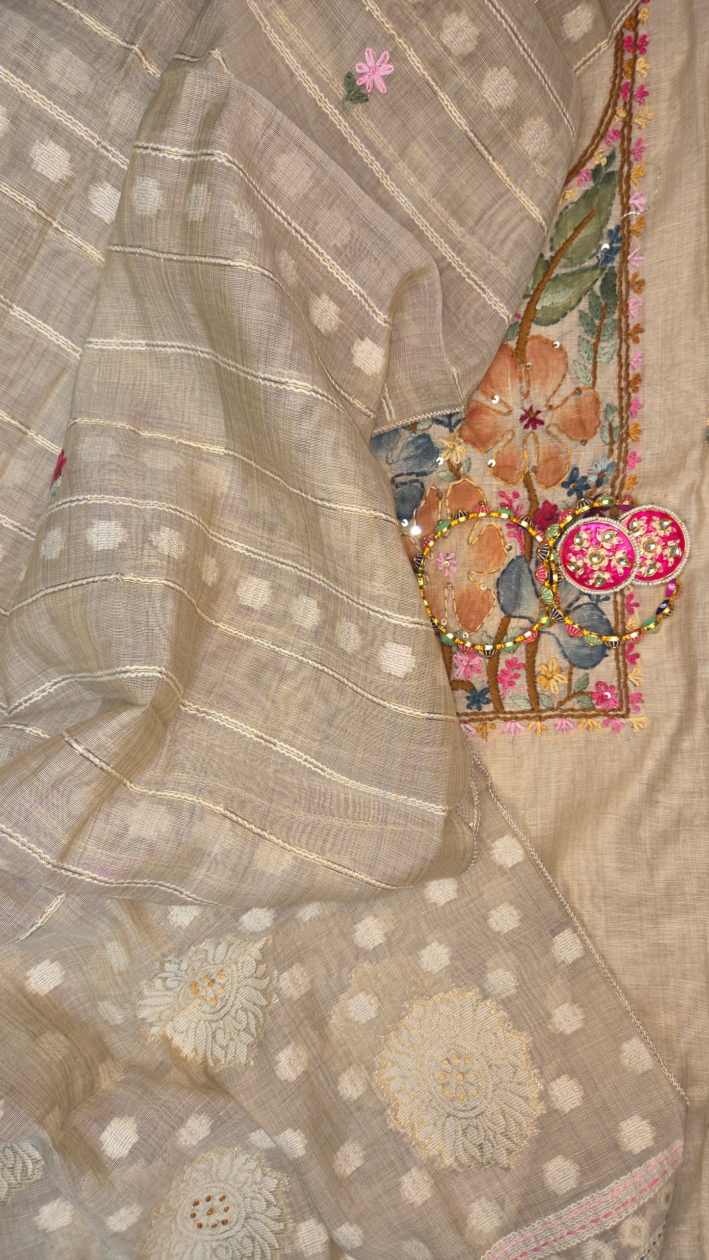 Beige Knot Chanderi Unstitched Suit