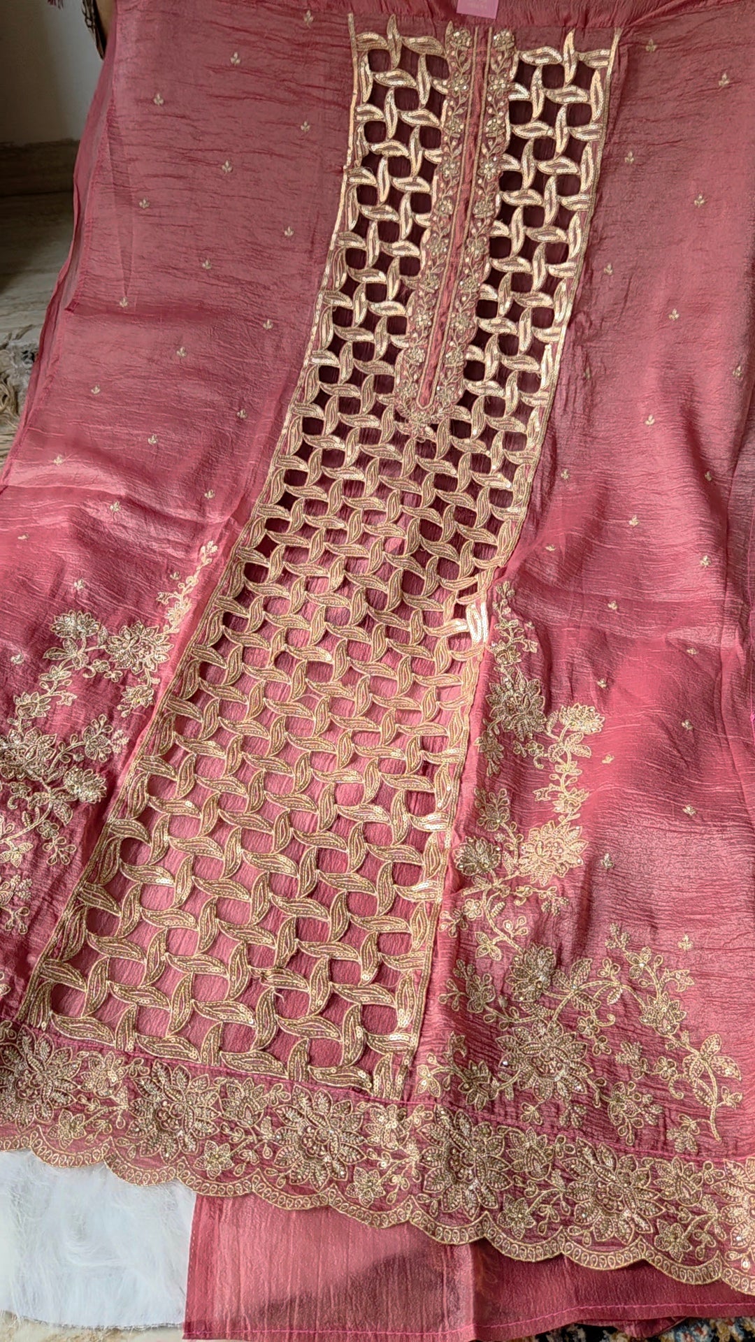 Pink Embellished Crackle Semi Stitched Suit