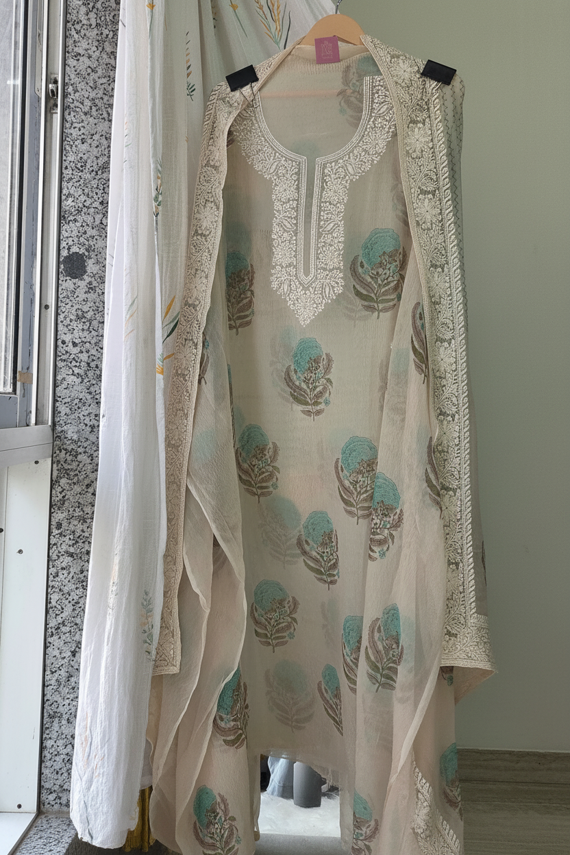 Green Georgette Chikankari Semi Stitched Suit
