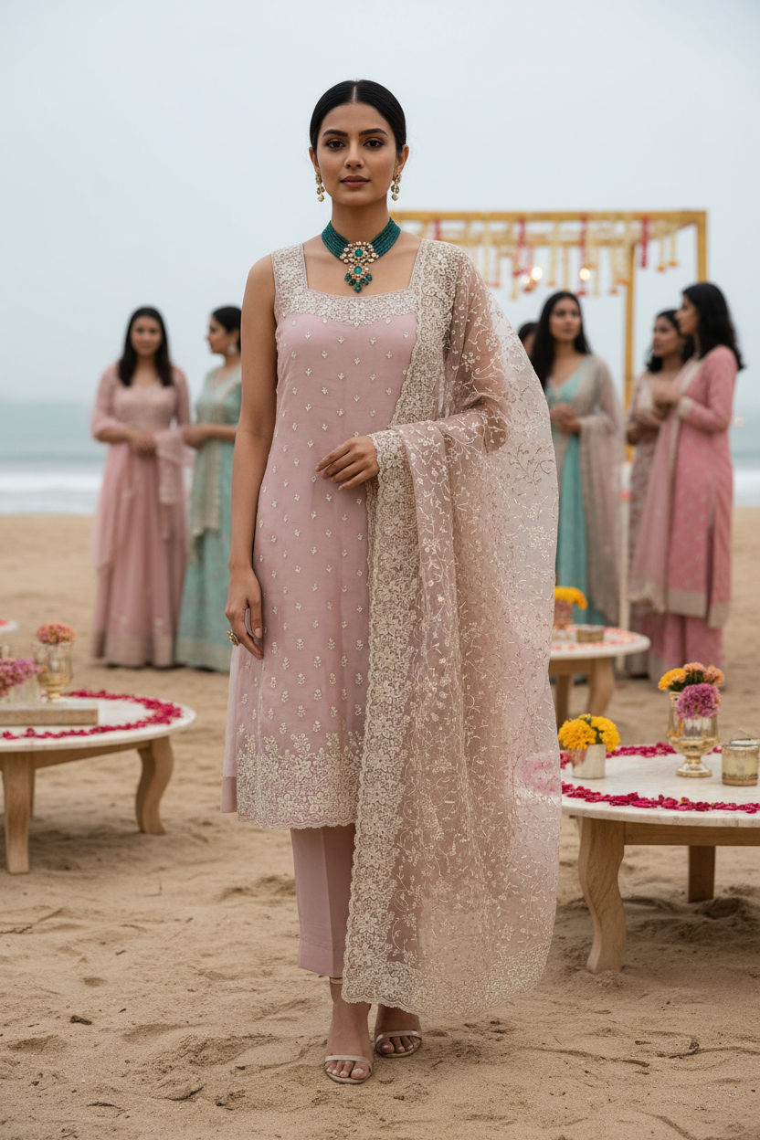 Pink Burberry Semi Stitched Suit