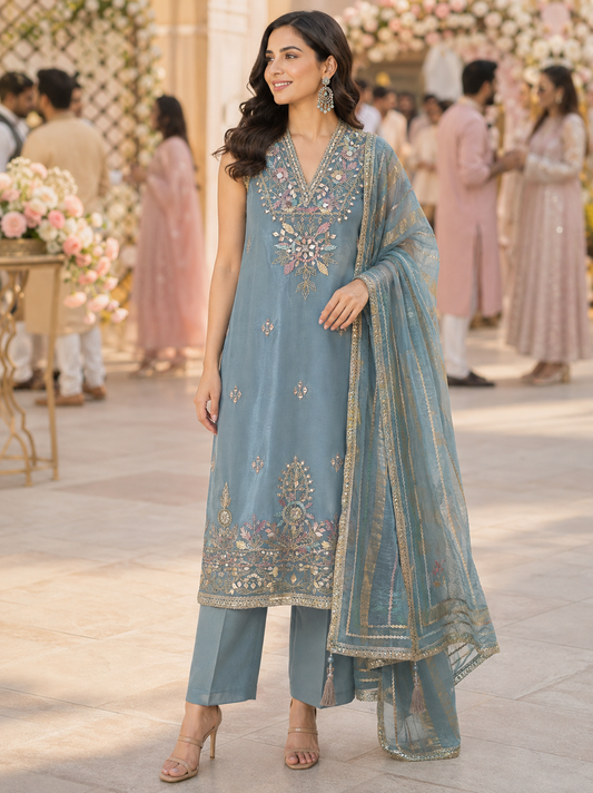 Blue Embellished Semi Stitched Suit