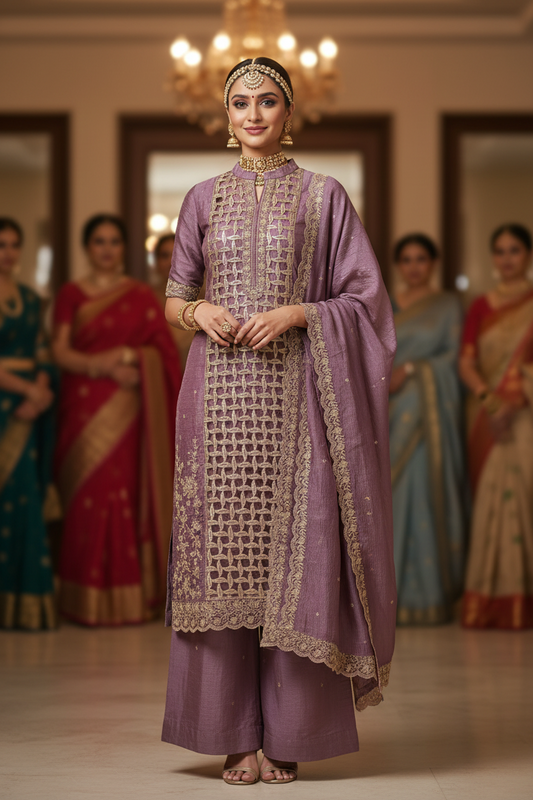 Purple Embellished Crackle Semi Stitched Suit