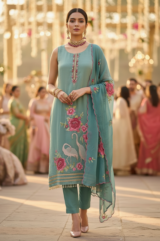 Teal Embellished Shimmer Semi Stitched Suit
