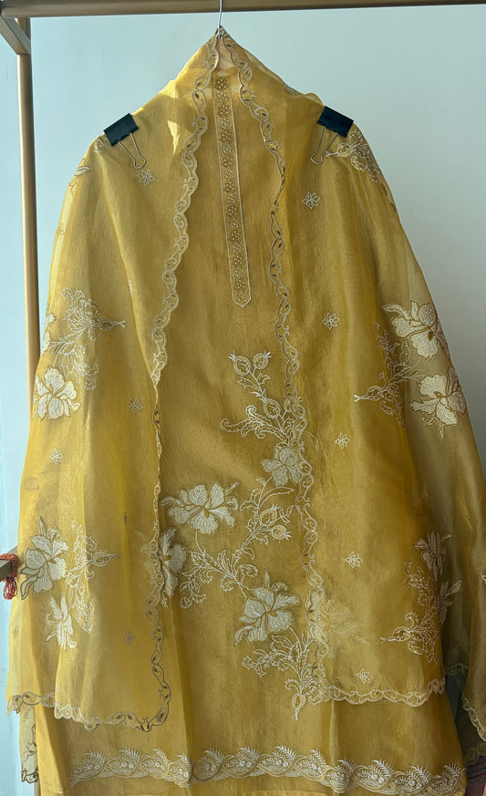 Yellow Applique Shimmer Semi Stitched Suit