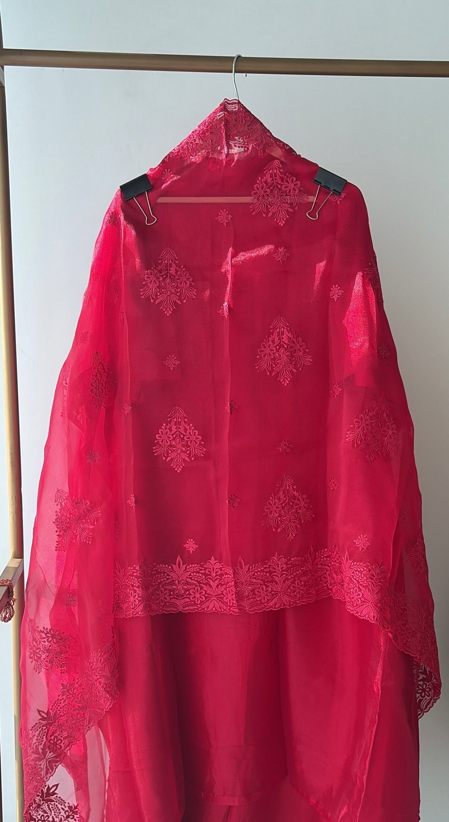 Red Embroidered Tissue Semi Stitched Suit