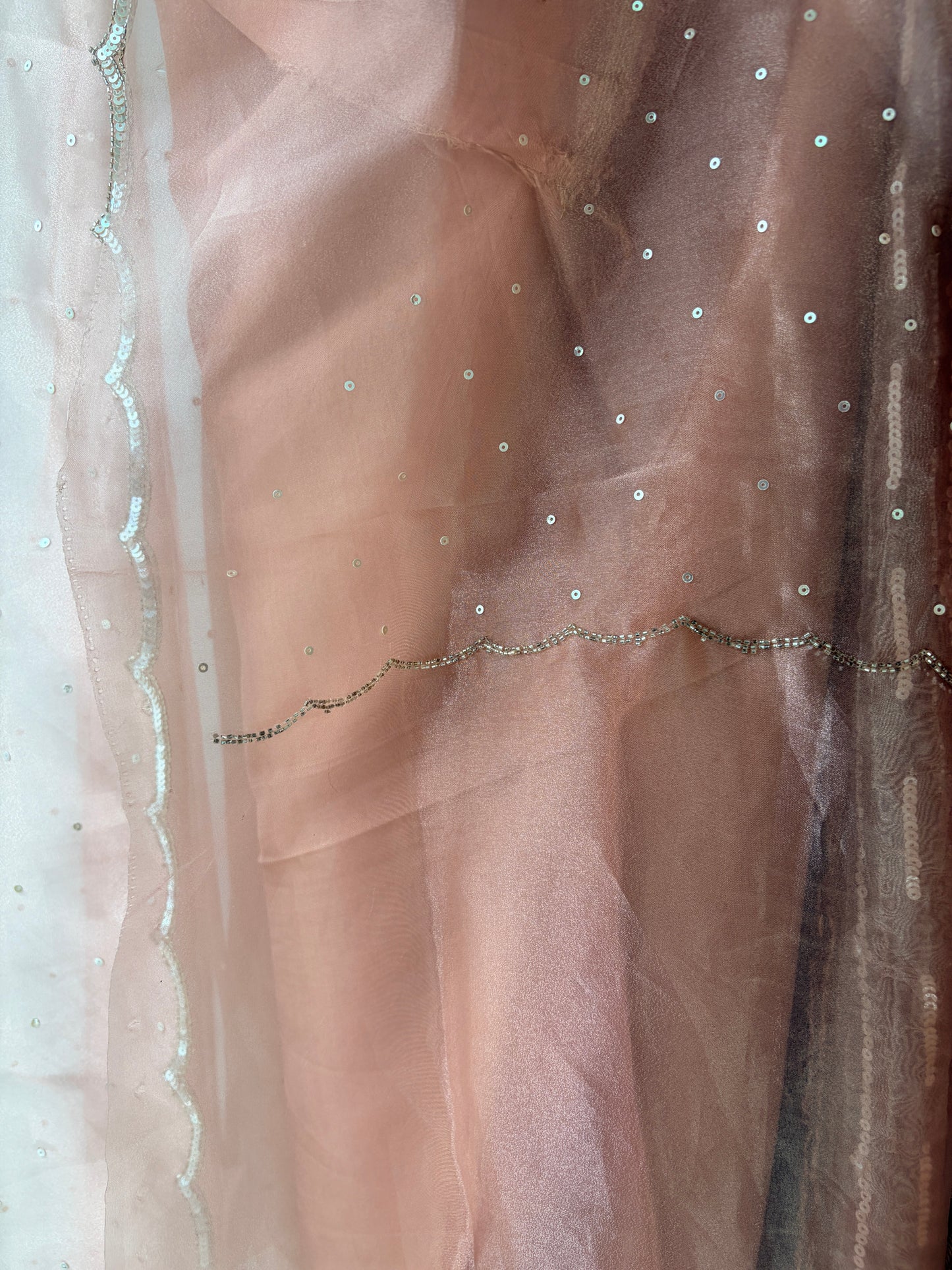 Peach Embellished Tissue Unstitched Suit