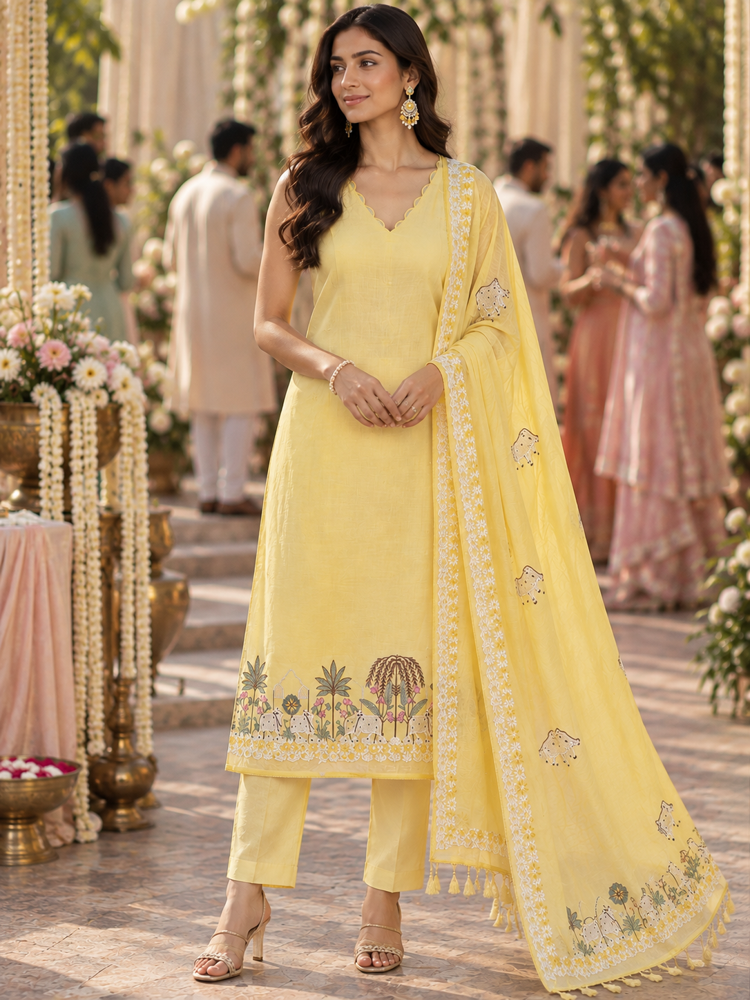 Yellow Mulmul Pichwai Unstitched Suit