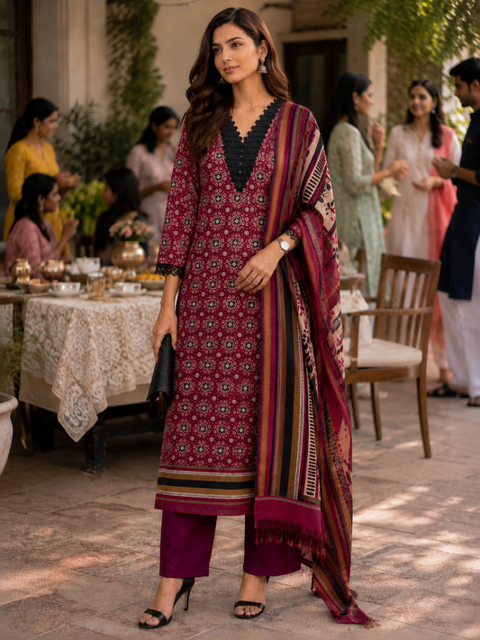 Wine Maheshwari Silk Unstitched Suit