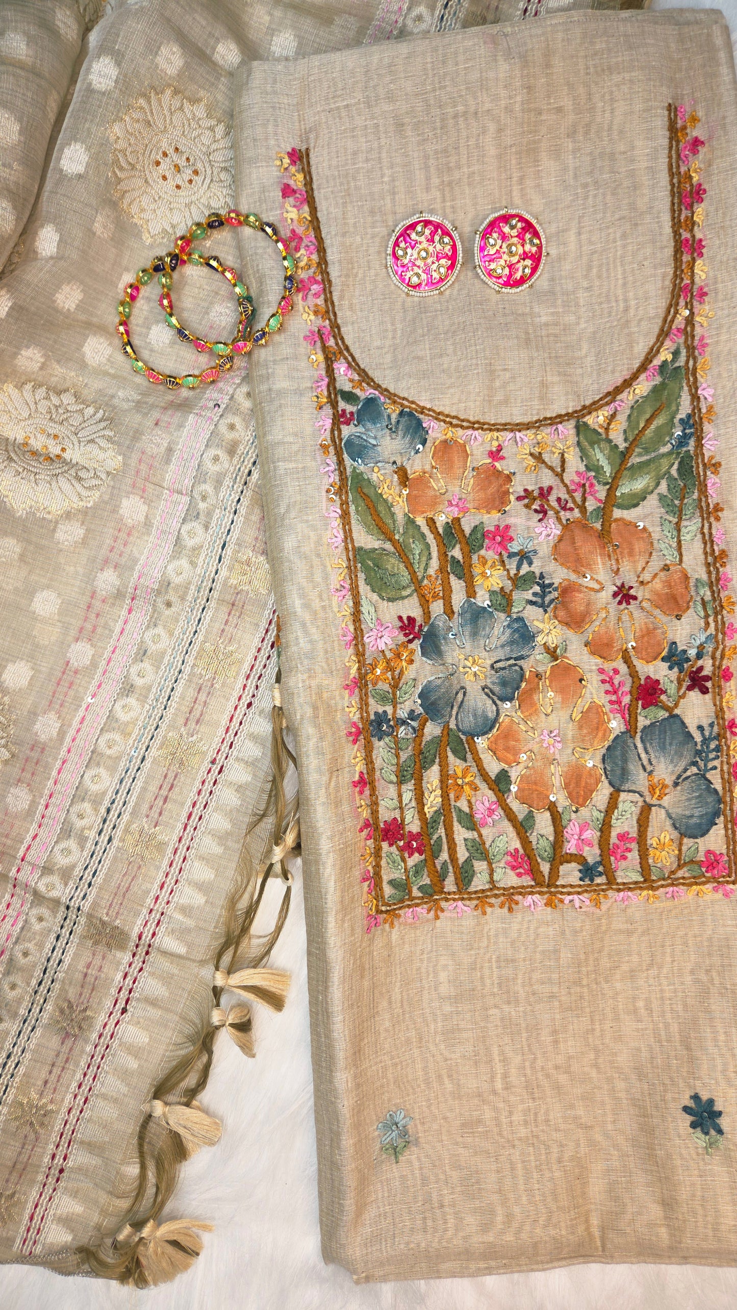 Beige Knot Chanderi Unstitched Suit