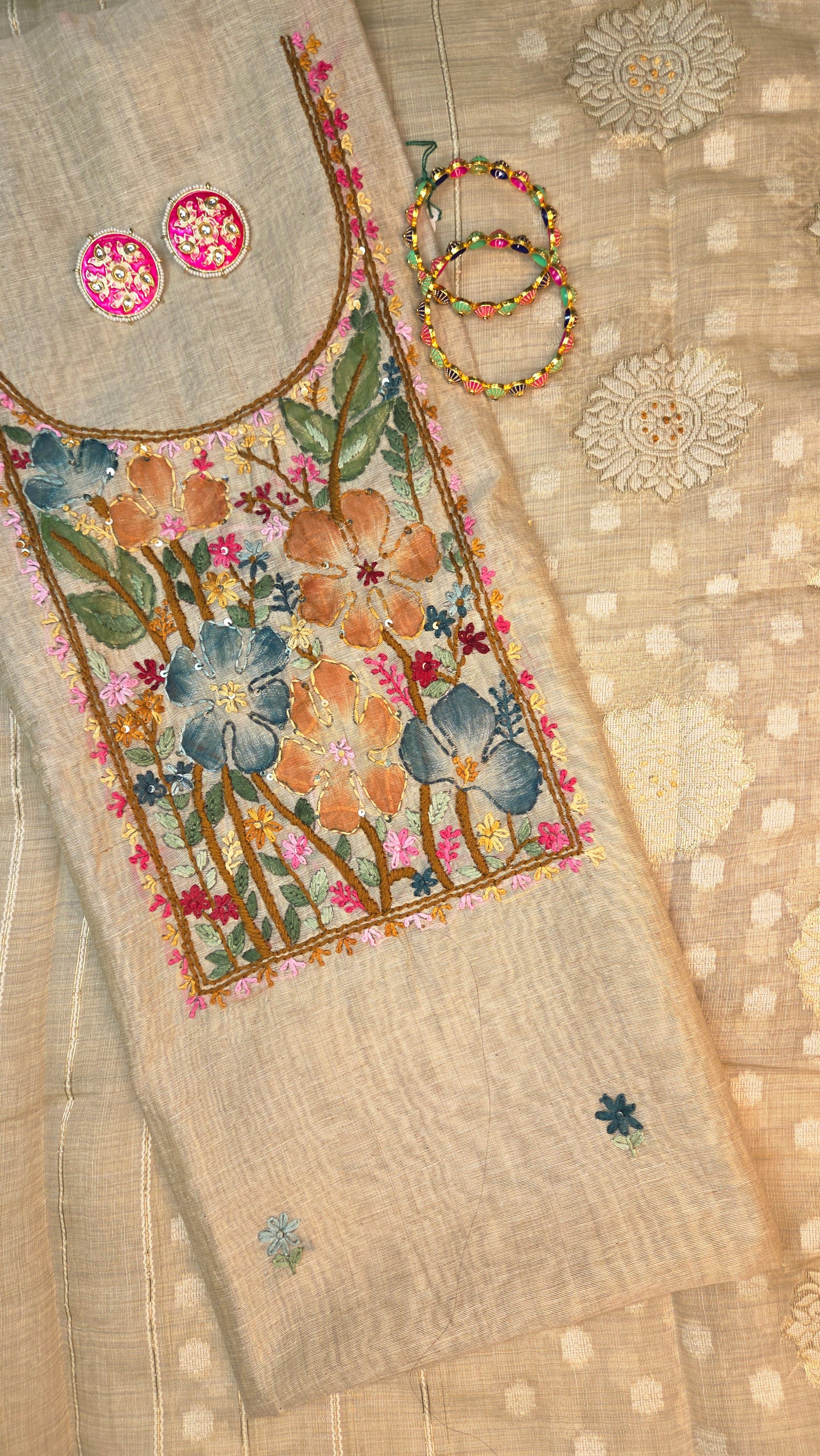 Beige Knot Chanderi Unstitched Suit