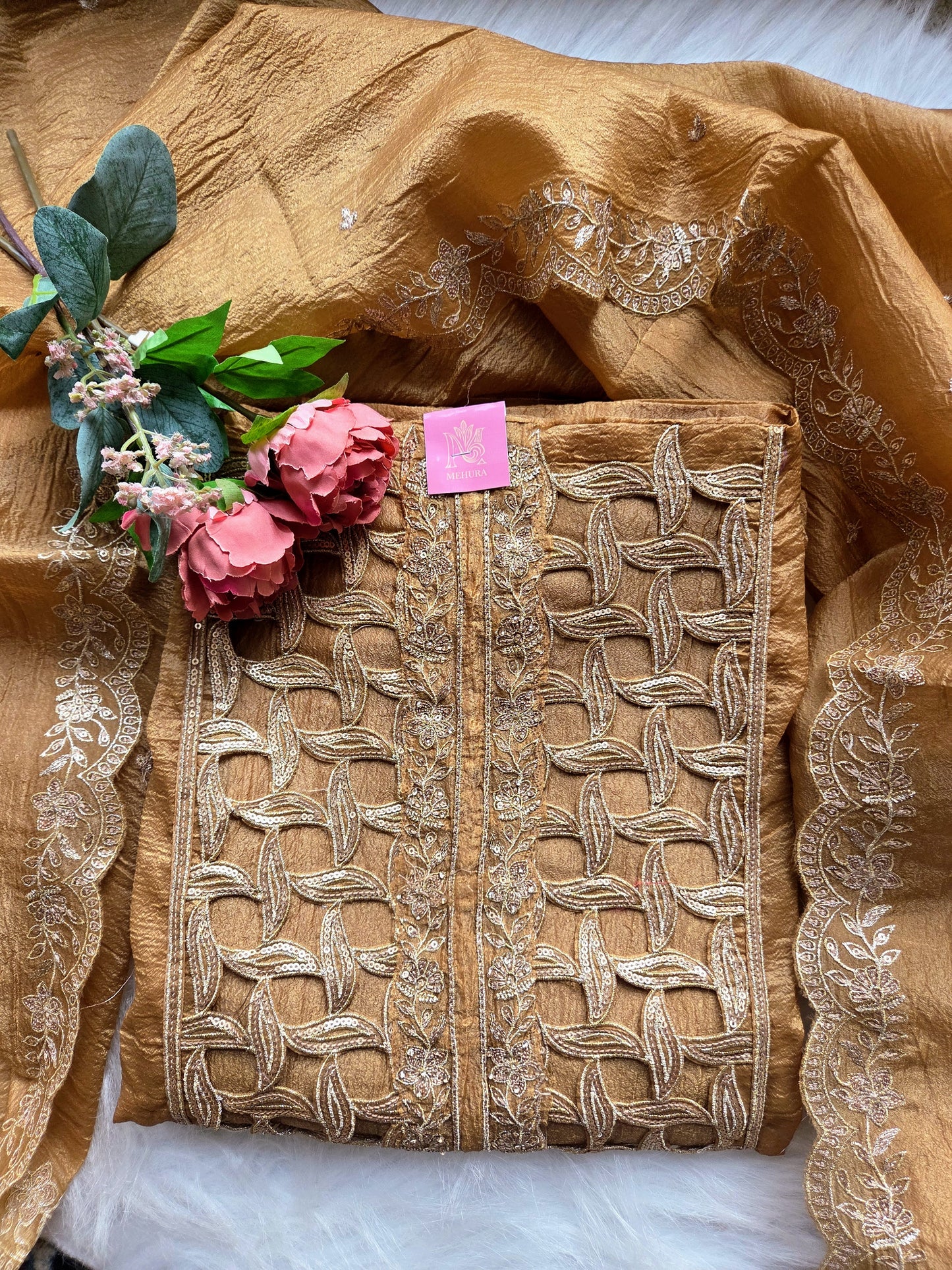 Brown Embellished Crackle Semi Stitched Suit