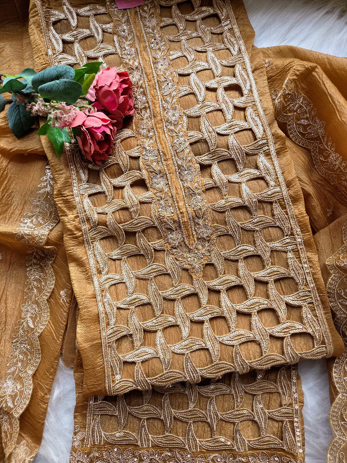 Brown Embellished Crackle Semi Stitched Suit