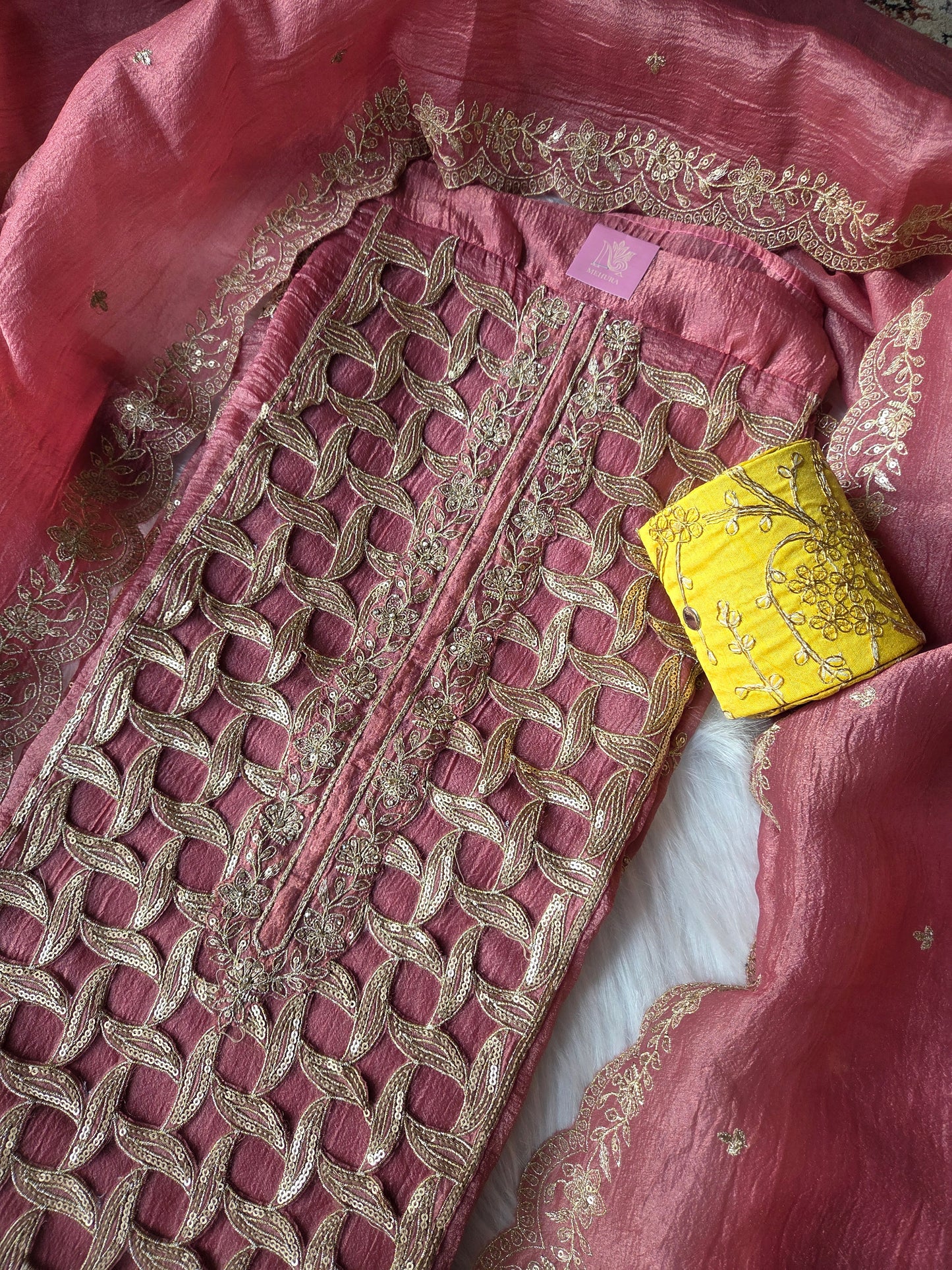 Pink Embellished Crackle Semi Stitched Suit