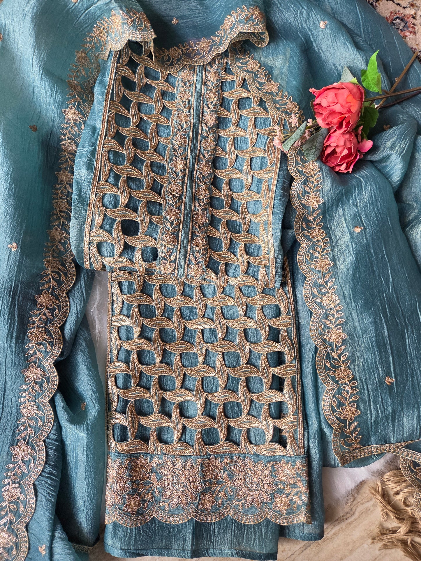 Blue Embellished Crackle Semi Stitched Suit