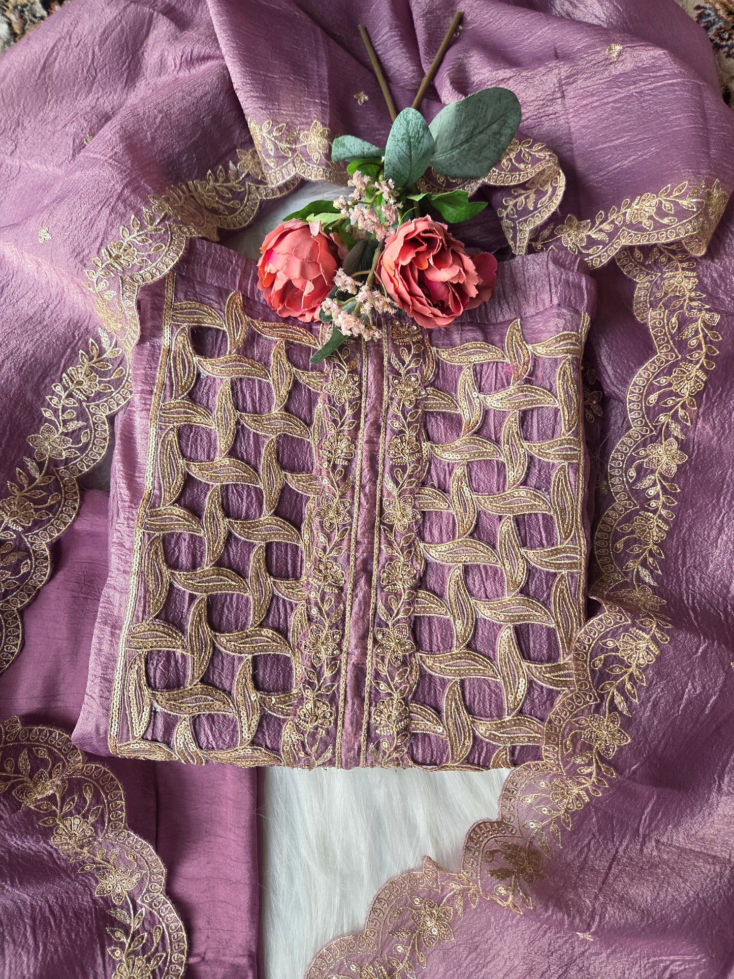 Purple Embellished Crackle Semi Stitched Suit
