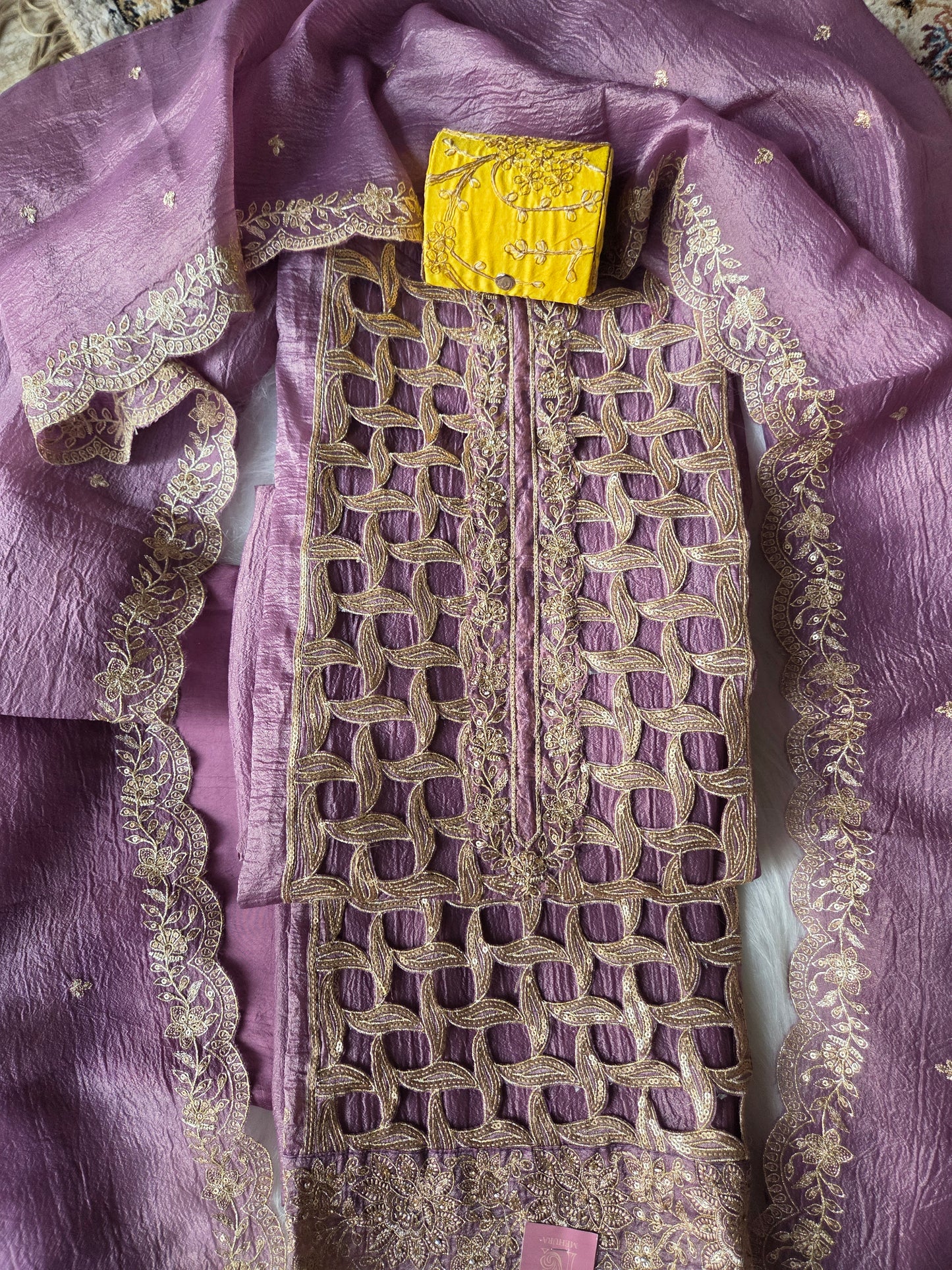 Purple Embellished Crackle Semi Stitched Suit