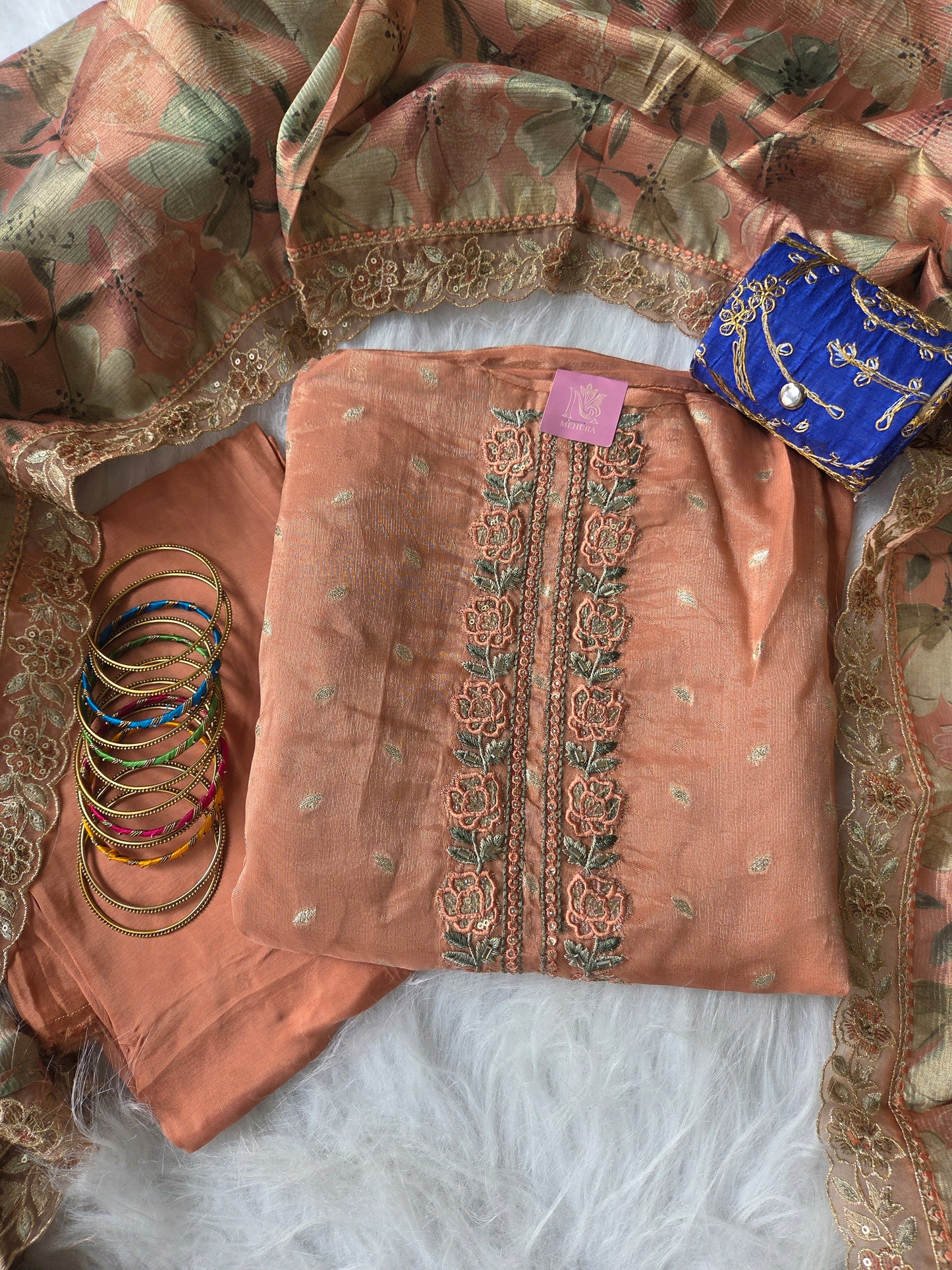 Peach Banarasi Butti Semi Stitched Suit