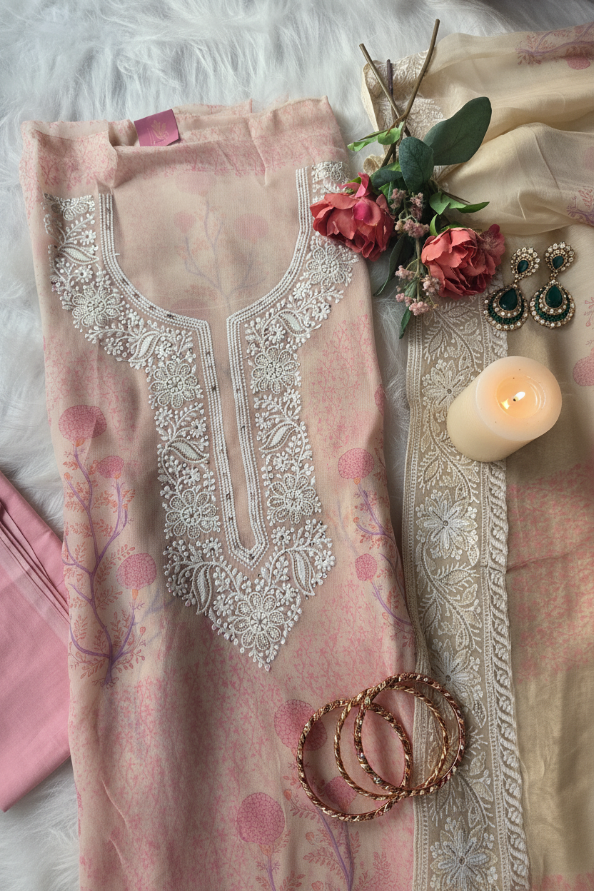 Pink Georgette Chikankari Semi Stitched Suit