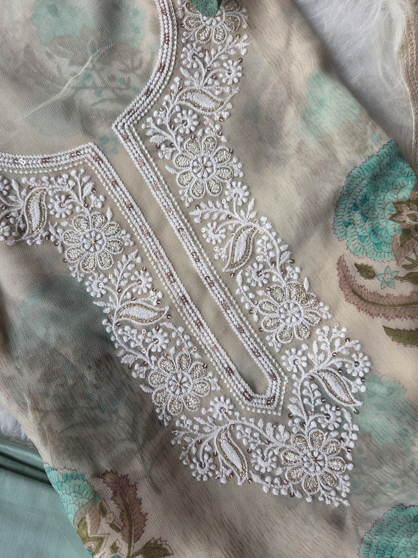 Green Georgette Chikankari Semi Stitched Suit