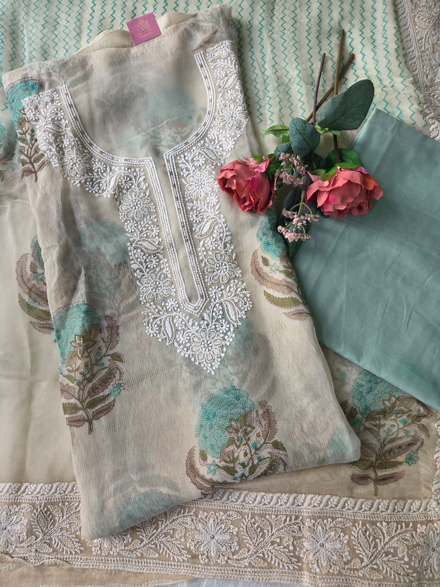 Green Georgette Chikankari Semi Stitched Suit