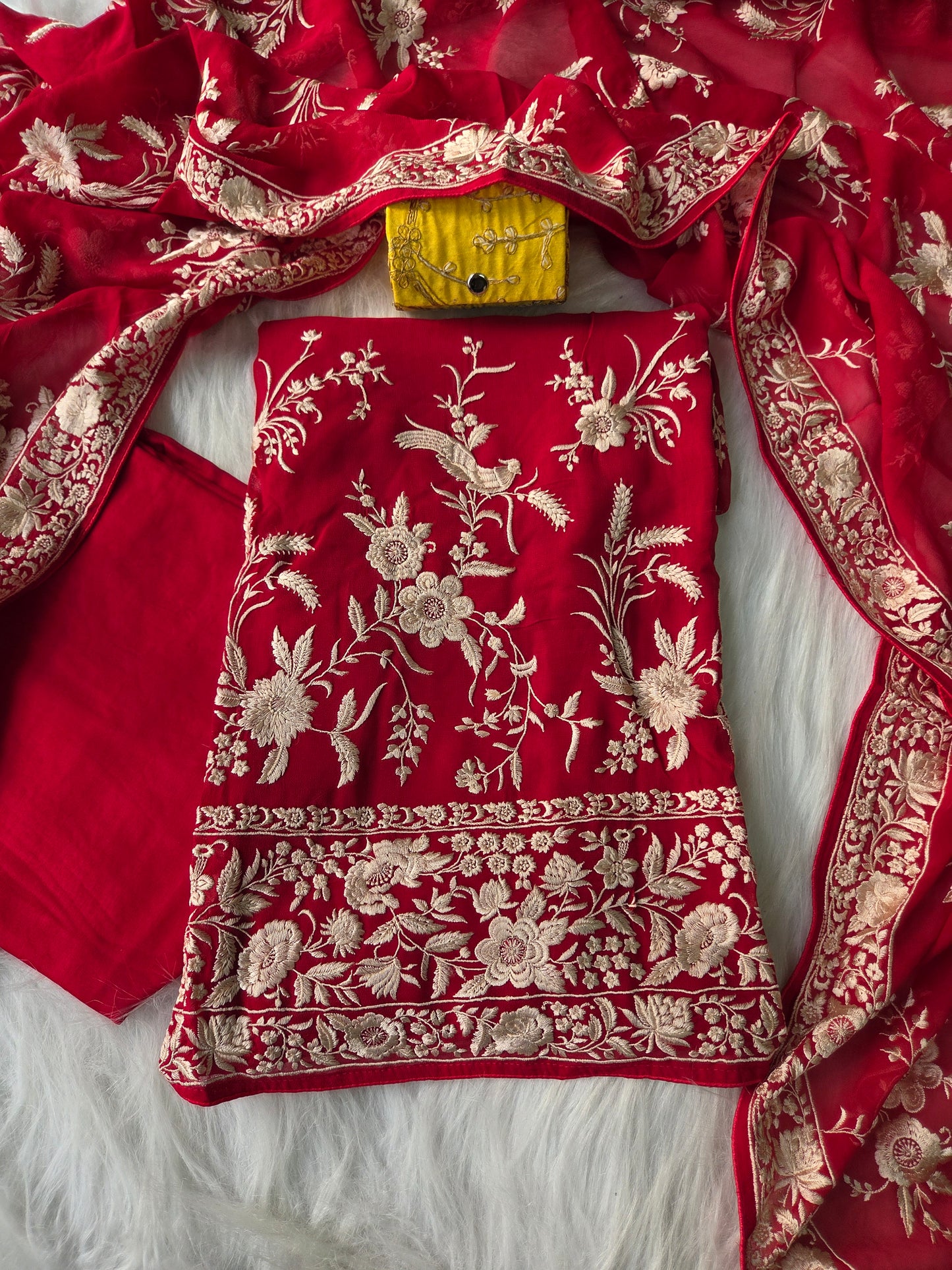 Red Parsi Georgette Semi Stitched Suit