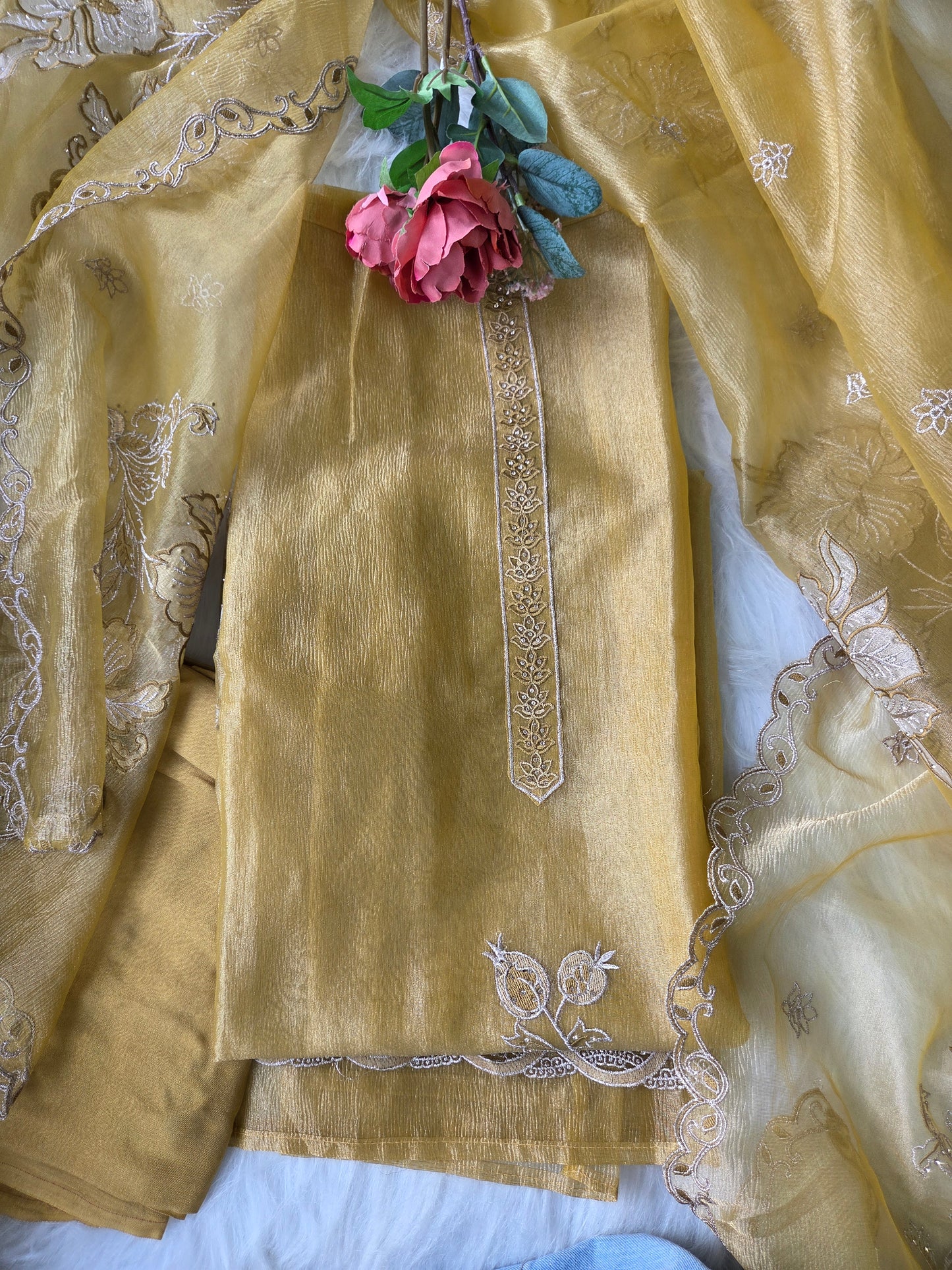 Yellow Applique Shimmer Semi Stitched Suit