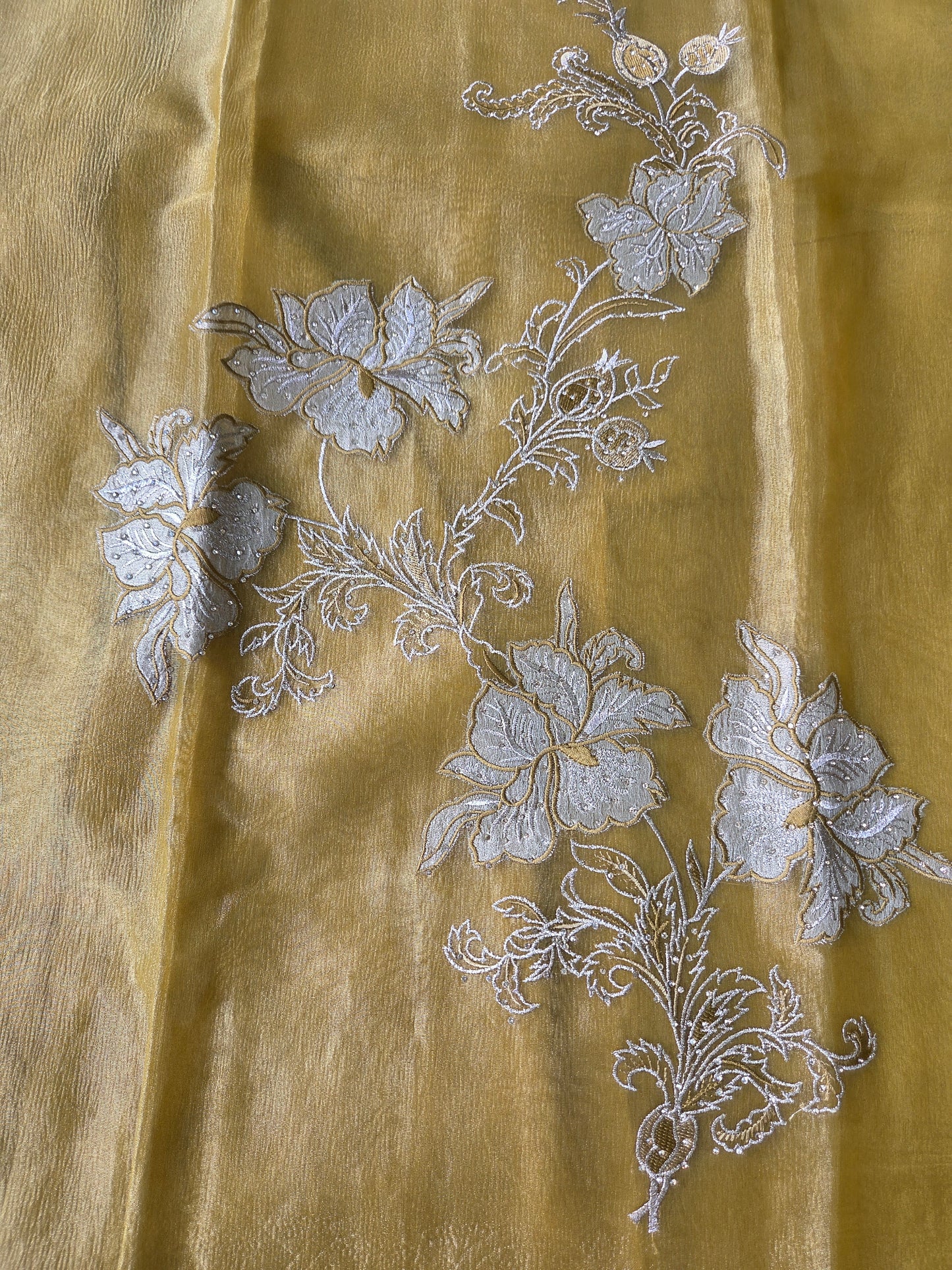 Yellow Applique Shimmer Semi Stitched Suit
