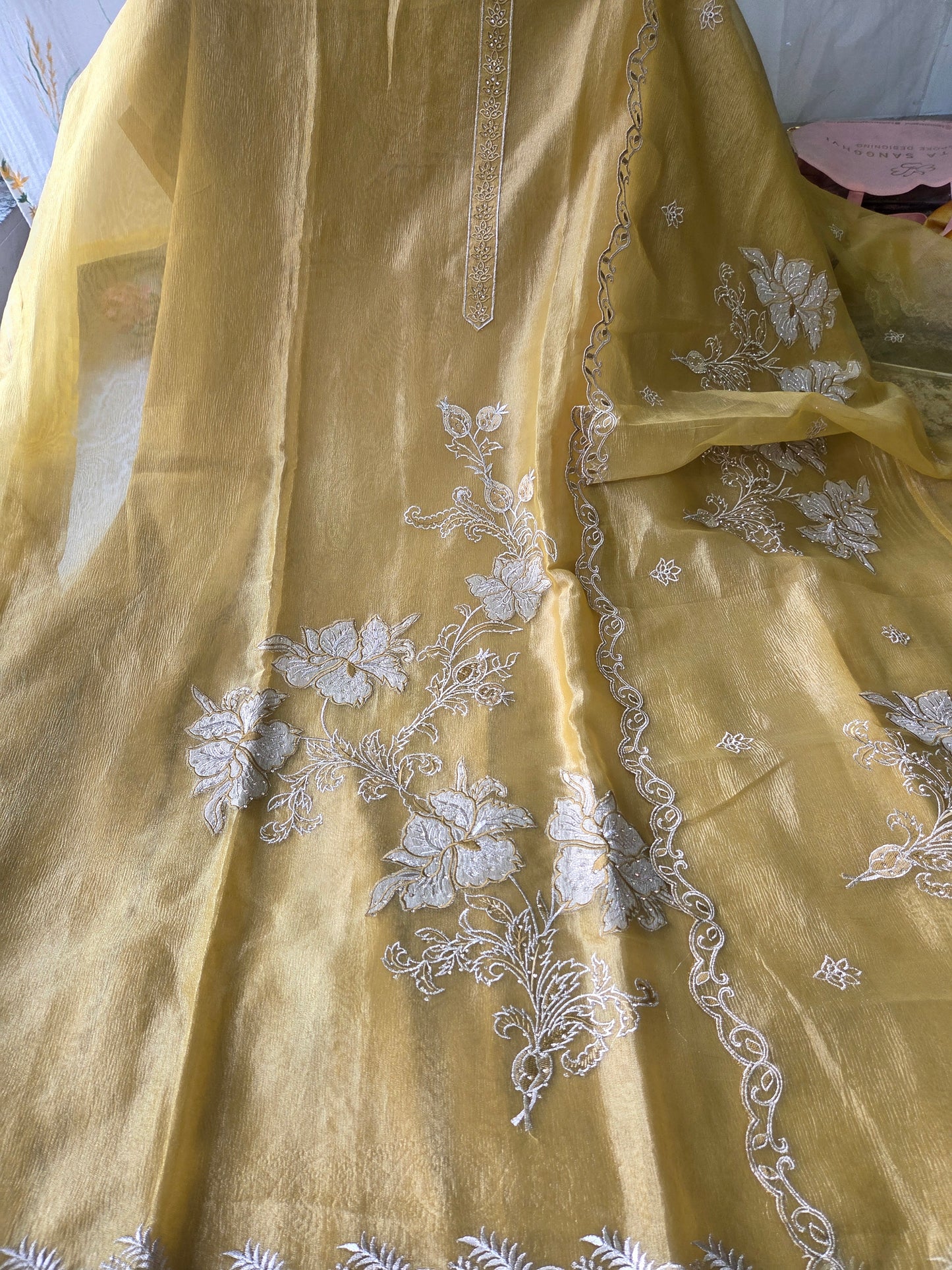 Yellow Applique Shimmer Semi Stitched Suit