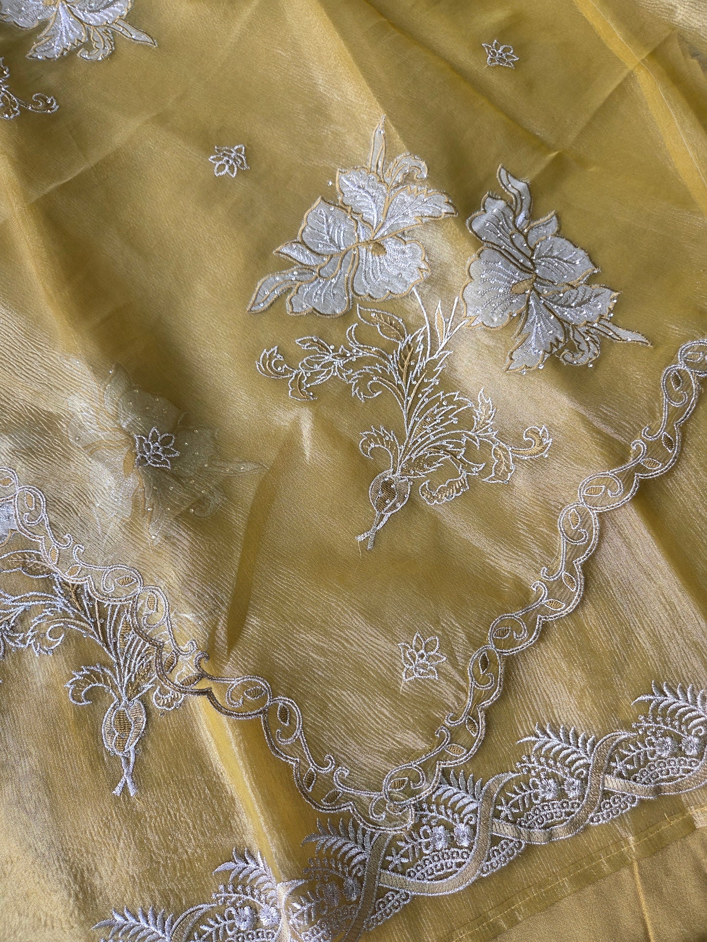 Yellow Applique Shimmer Semi Stitched Suit