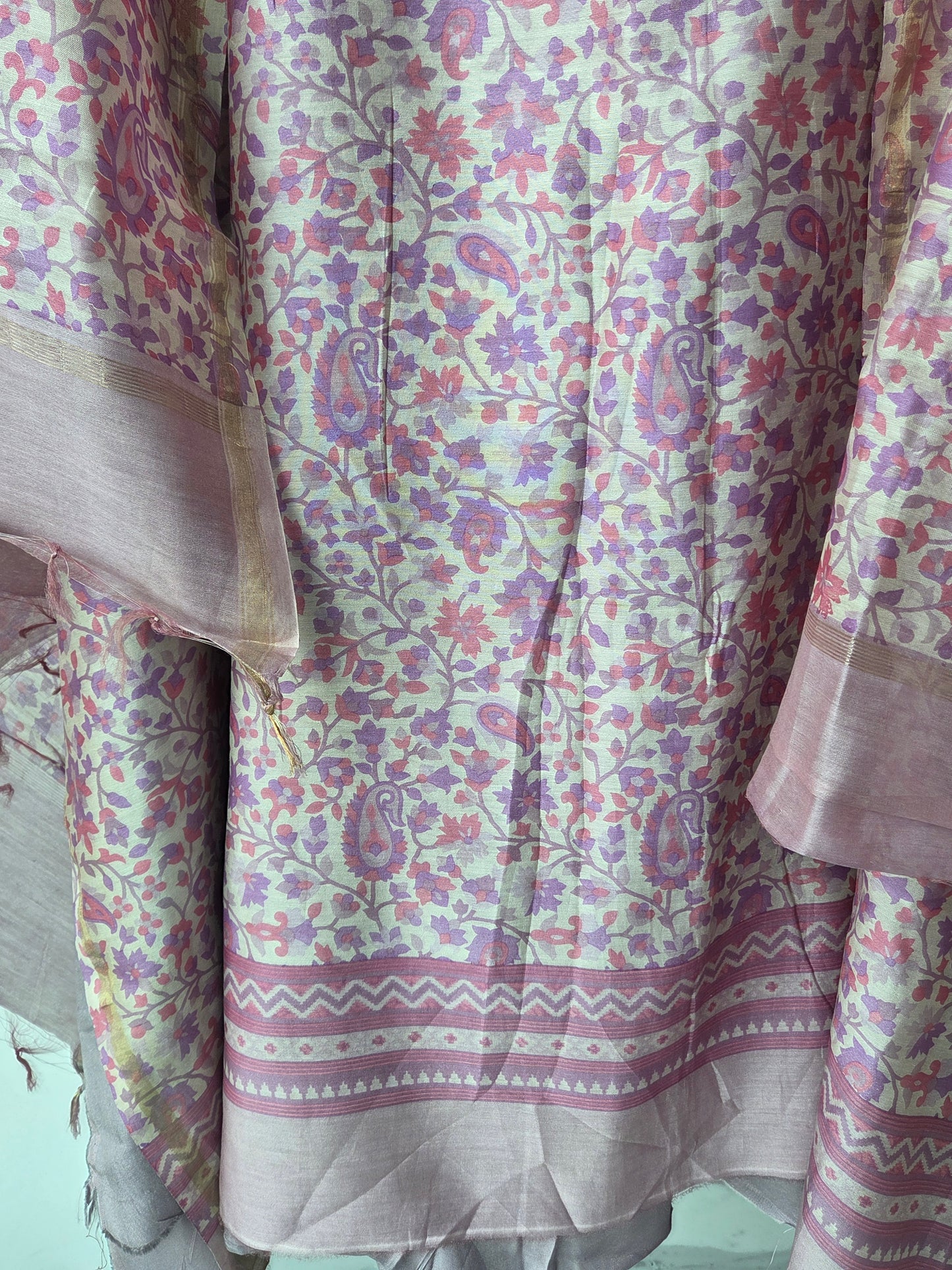 Beige Maheshwari Silk Unstitched Suit