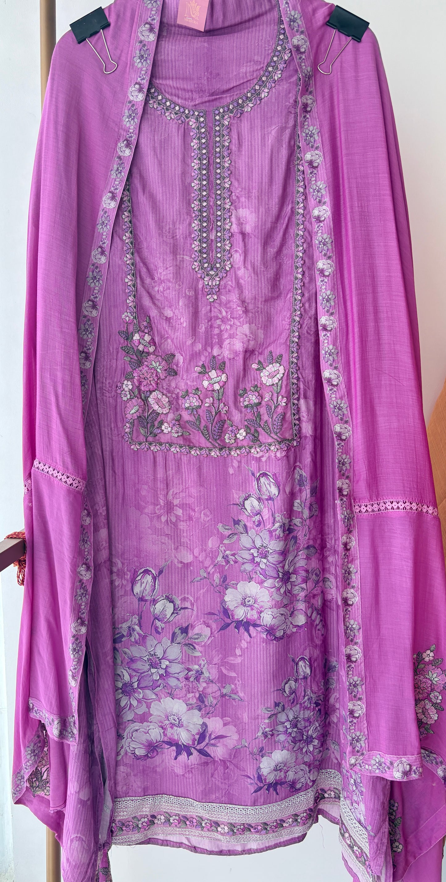 Pink Muslin Patch Work Unstitched Suit