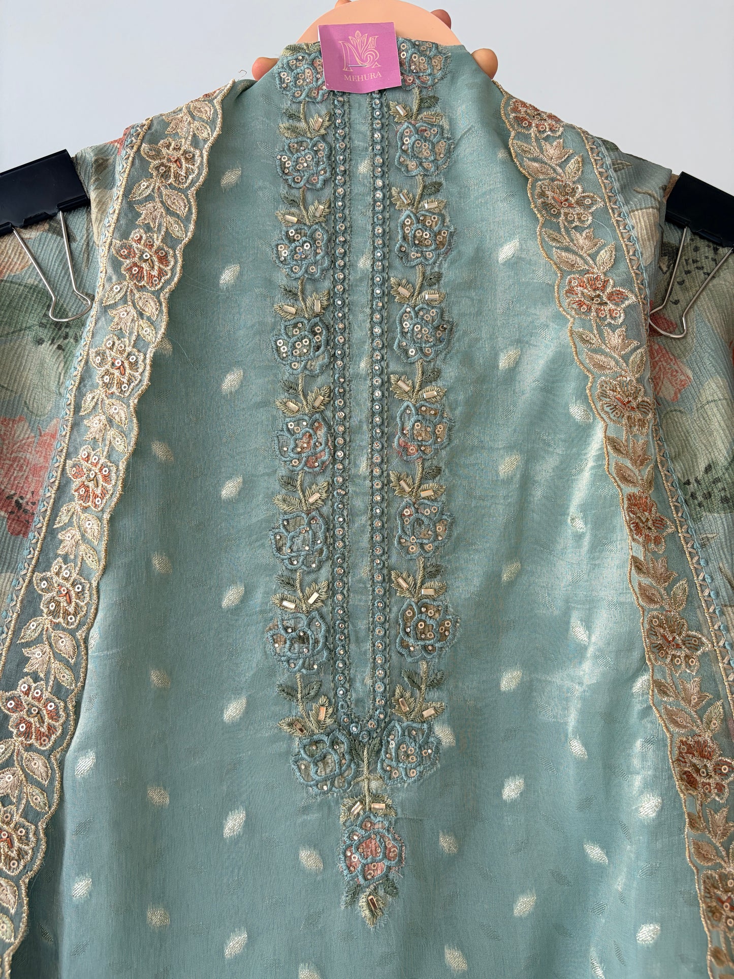 Green Banarasi Butti Semi Stitched Suit