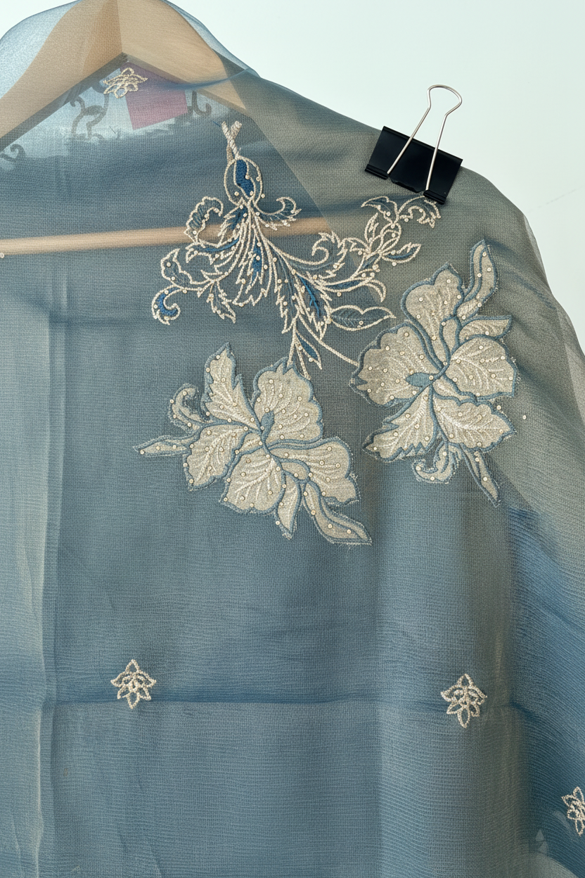 Blue Applique Shimmer Semi Stitched Suit
