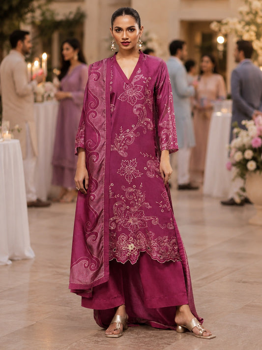 Pink Cutwork Muslin Semi Stitched Suit