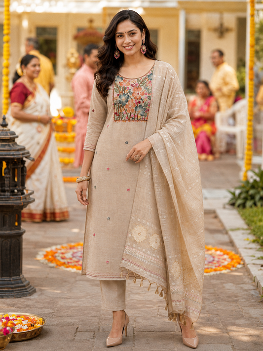 Beige Knot Chanderi Unstitched Suit
