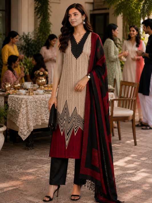 Beige Maheshwari Silk Unstitched Suit