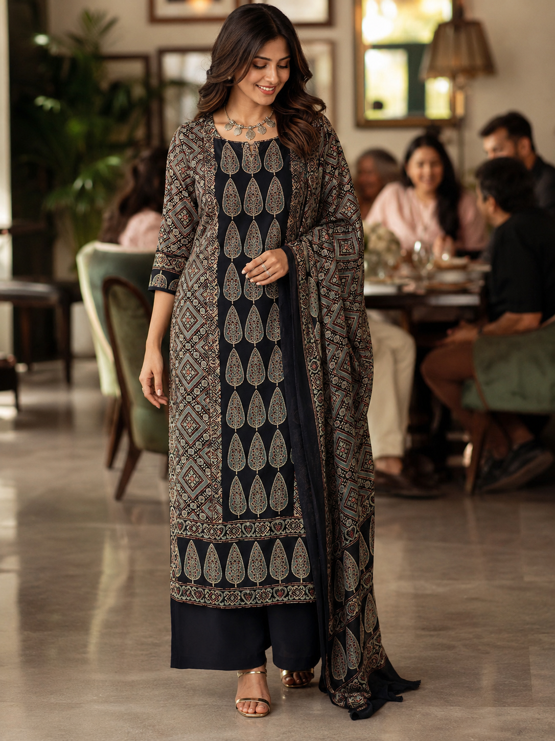 Black Ajrak Modal Silk Unstitched Suit