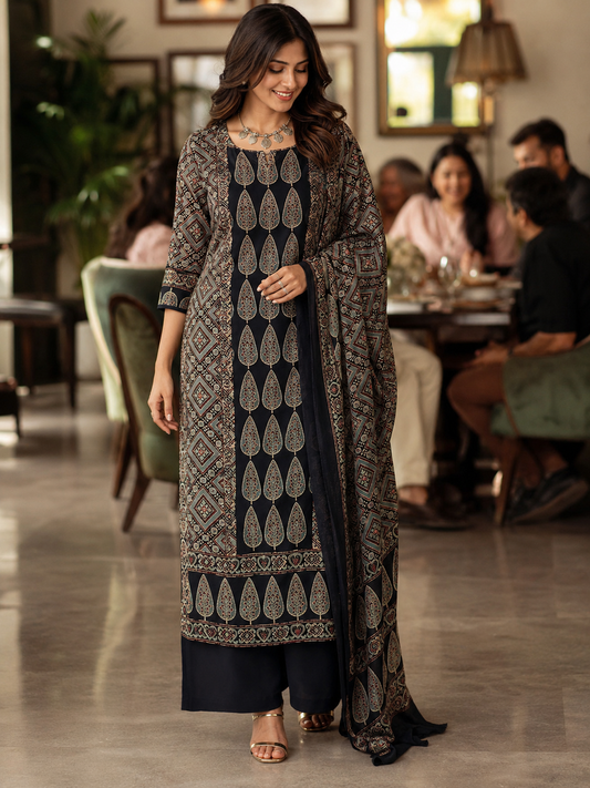 Black Ajrak Modal Silk Unstitched Suit