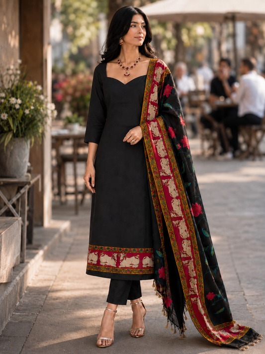 Black Cow Figure Maheshwari Unstitched Suit