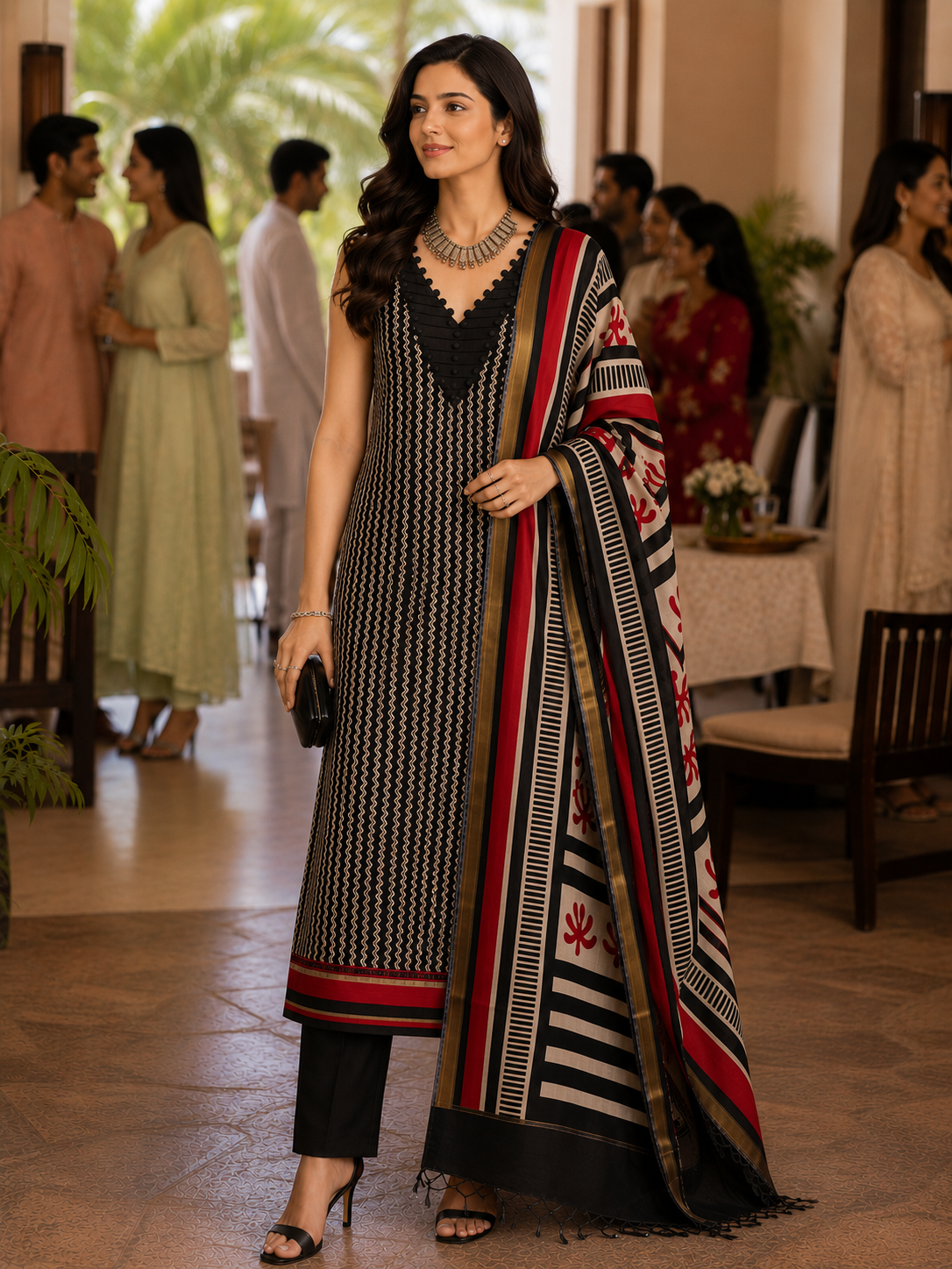 Red N Black Maheshwari Silk Unstitched Suit