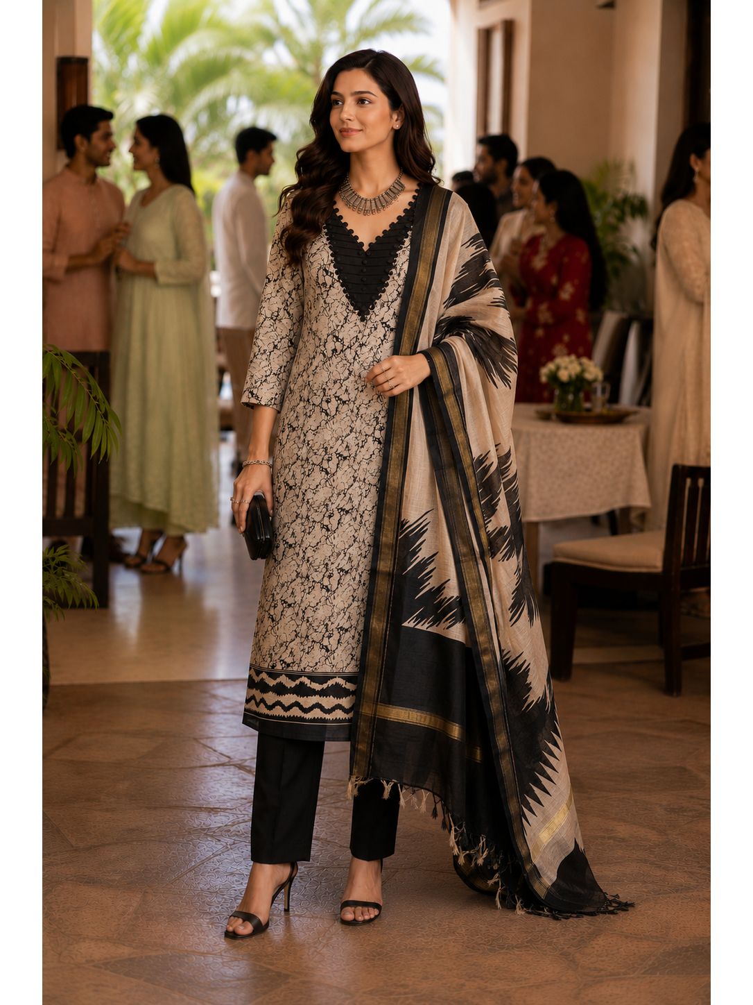 Beige N Black Maheshwari Silk Unstitched Suit