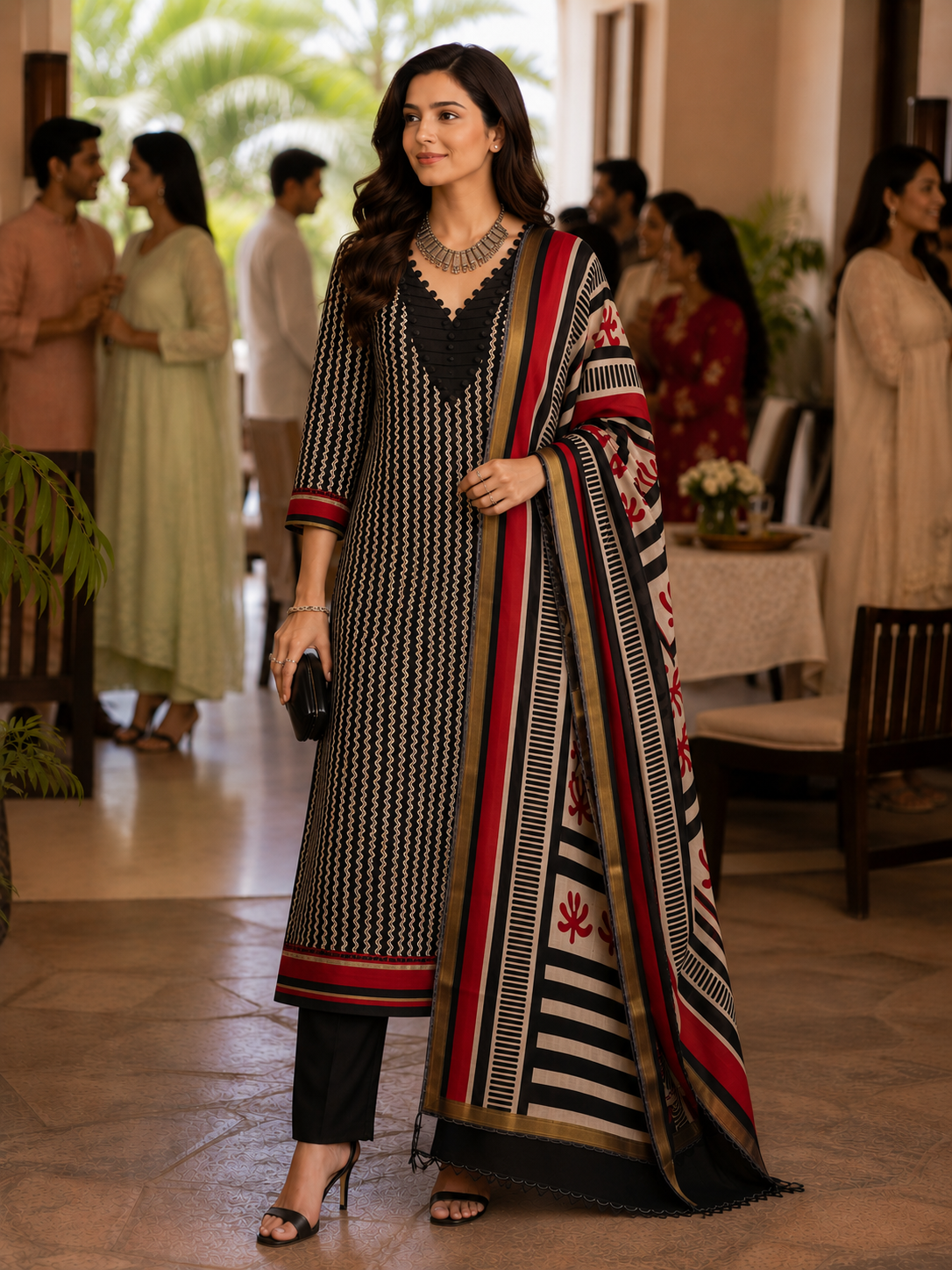 Red N Black Maheshwari Silk Unstitched Suit
