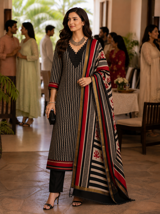 Red N Black Maheshwari Silk Unstitched Suit