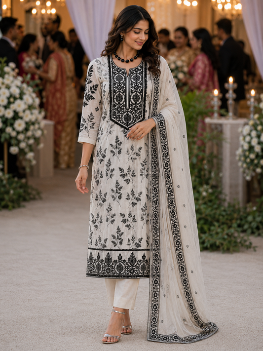 Off White Organza Semi Stitched Suit