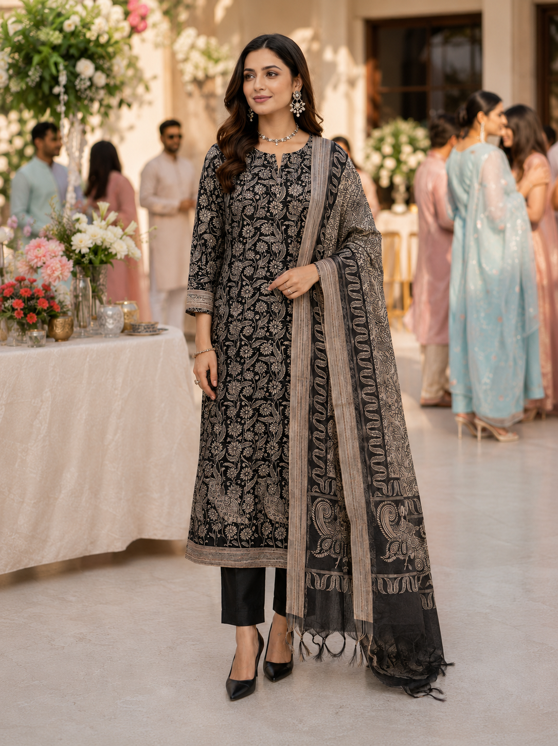 Black Tussar Silk Semi Stitched Suit