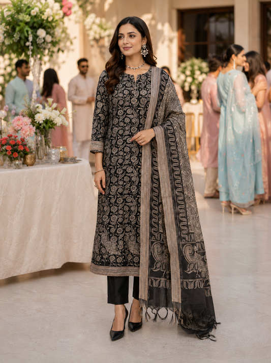 Black Tussar Silk Semi Stitched Suit