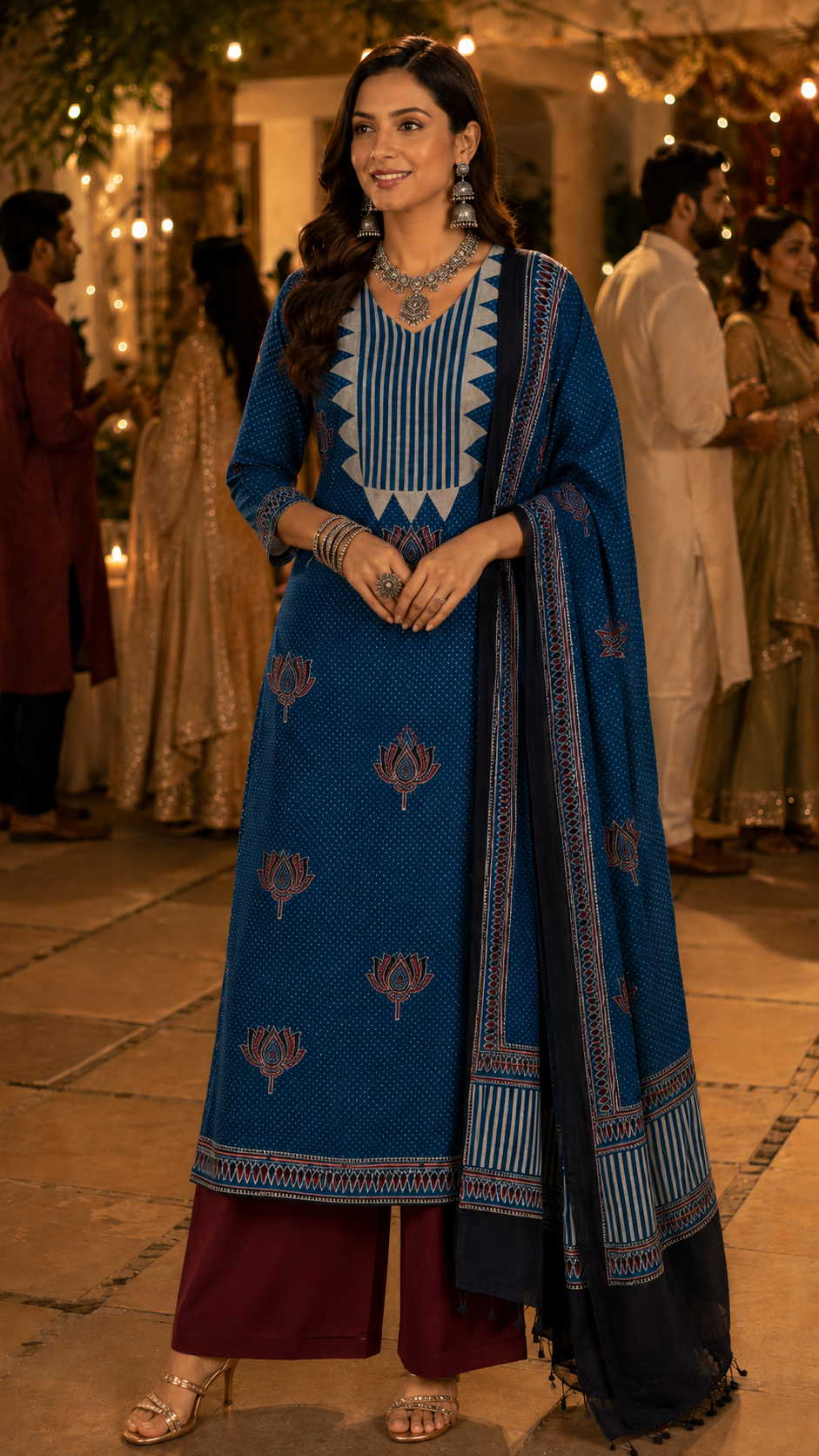 Blue Ajrak Modal Silk Unstitched Suit