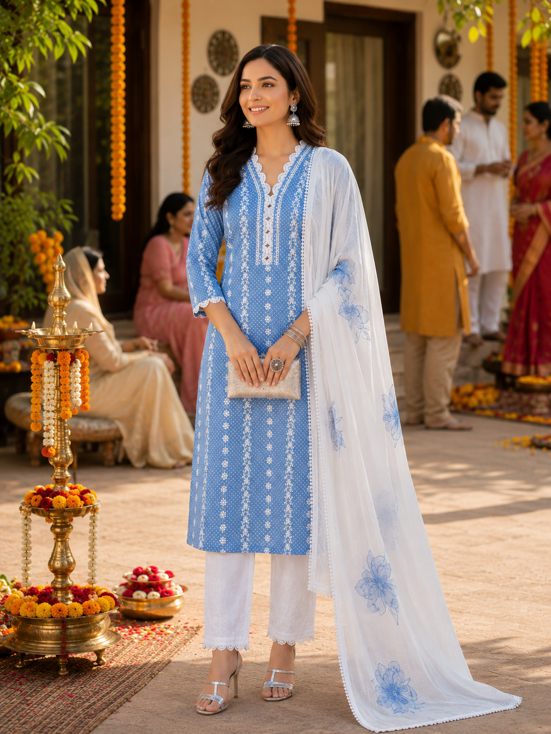 Blue Cotton Semi Stitched