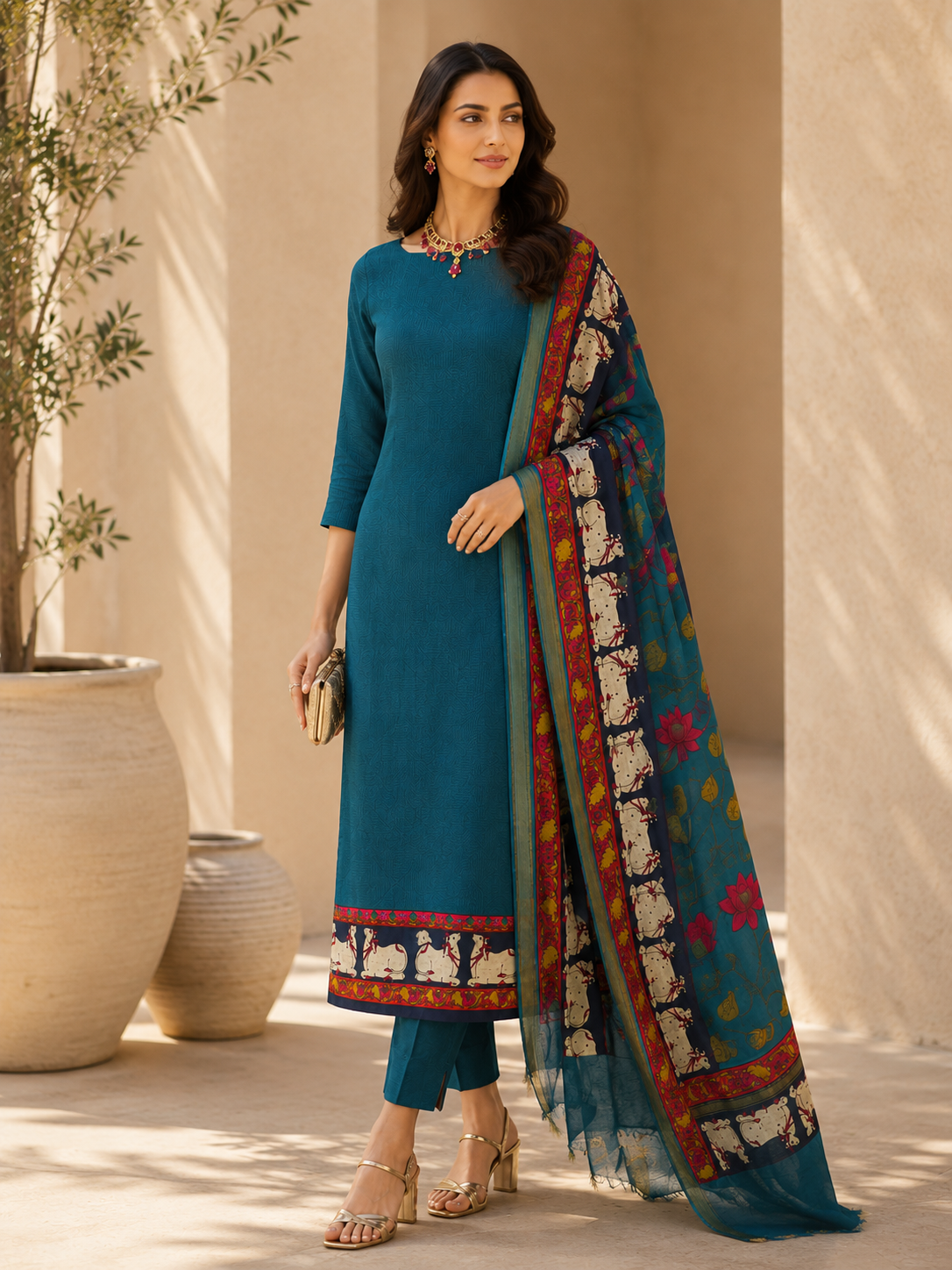 Blue Maheshwari Silk Unstitched Suit